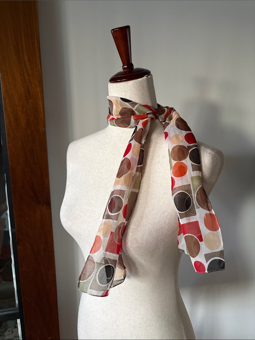 Lightweight Polka Dot Sheer Scarf in Red, Brown & Cream